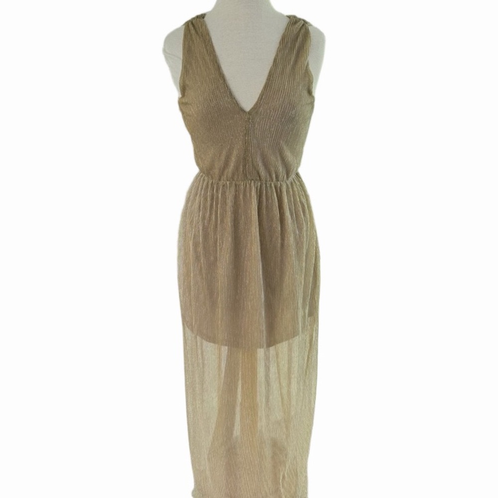 Francesca’s Metallic Gold Silver Size Small  Maxi Dress w/ Ruffled Hem EUC